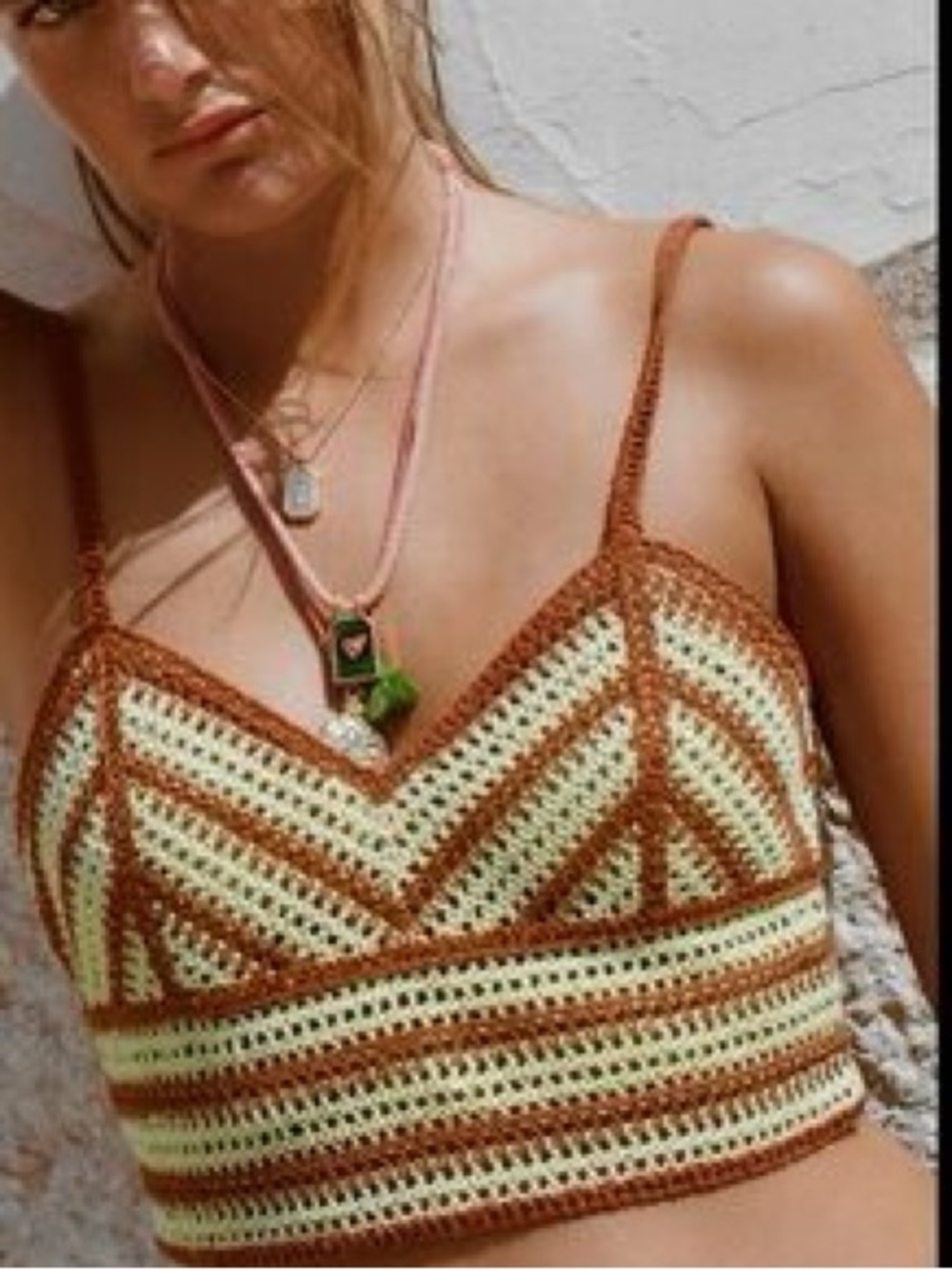 Zara Crocheted Spaghetti-Strap Crop Top in Mint and Brown